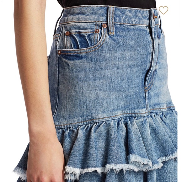 $265 Alice + Olivia Ruffle Hem Denim Mini Skirt High Waisted Tiered Jean Size 0 - Picture 9 of 10